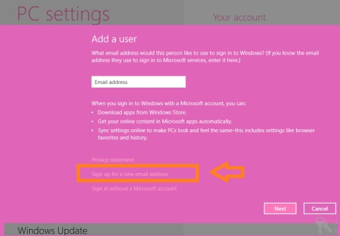 Click on sign up for new email address